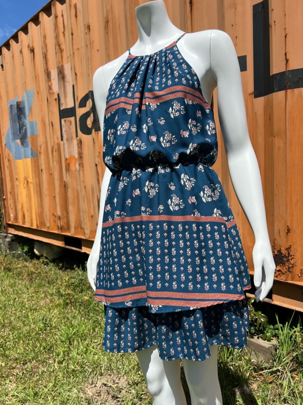 Blue Rain Navy Floral Halter Tiered Summer Dress